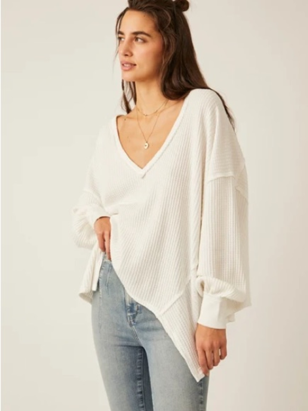 Free People We The Free Coraline Ivory Thermal Oversized Waffle Top Sz L
